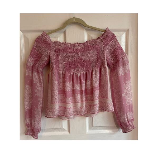 INTERMIX Silk Penelope Paisley Off-The-Shoulder smocked long sleeve Top small - Picture 11 of 13